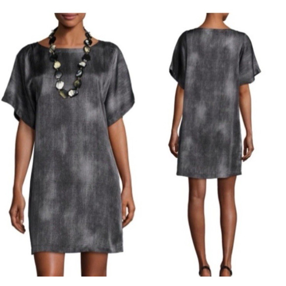 Eileen Fisher Small Short‎ Sleeve Gray Shift Dress Silk Blend Lagenlook Mini - Picture 1 of 8